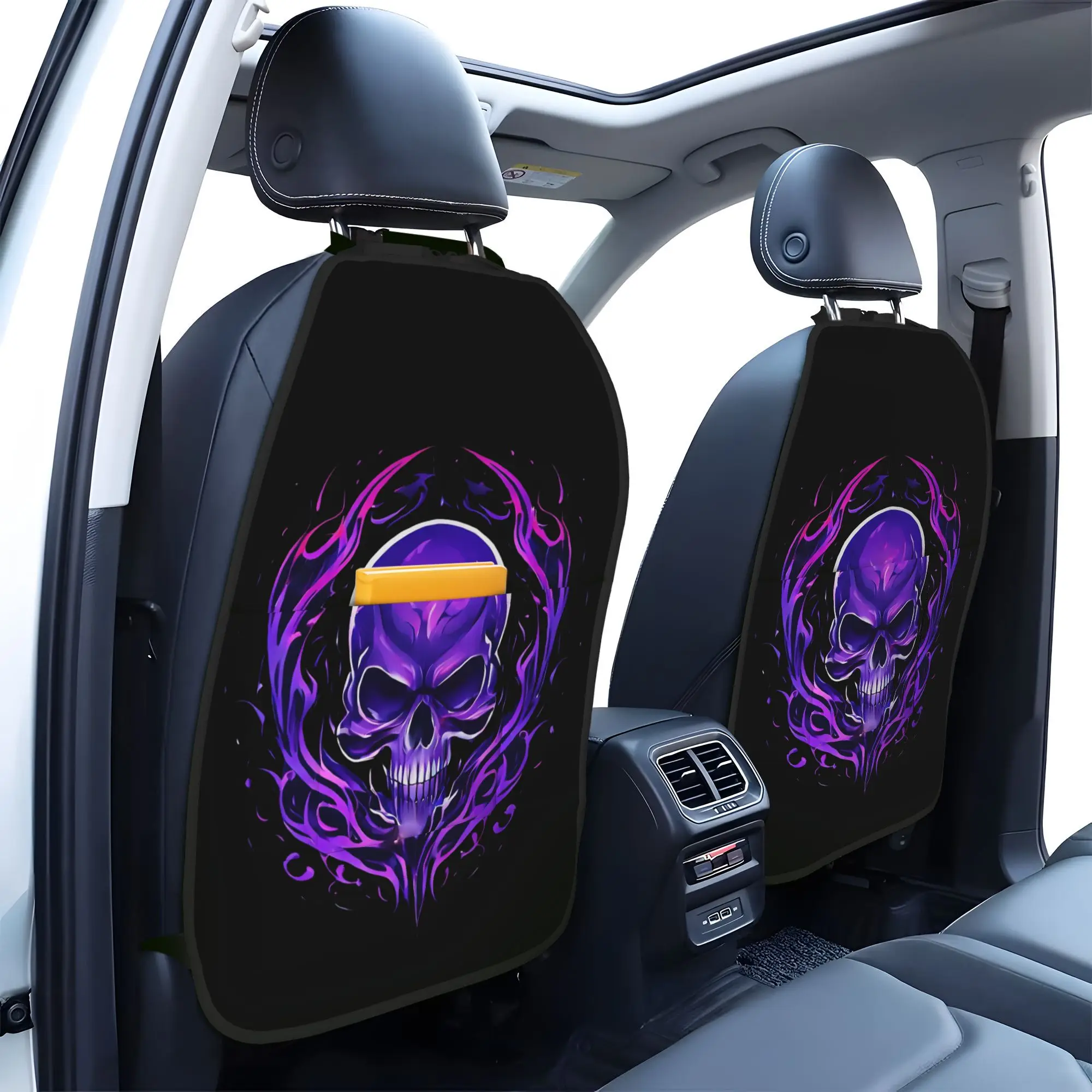 2pcs Purple Magic Flame Skull Car Seat Anti-Kick Pad, Storage Bag, Provides Protection For Your Interior, Compatible With Most C