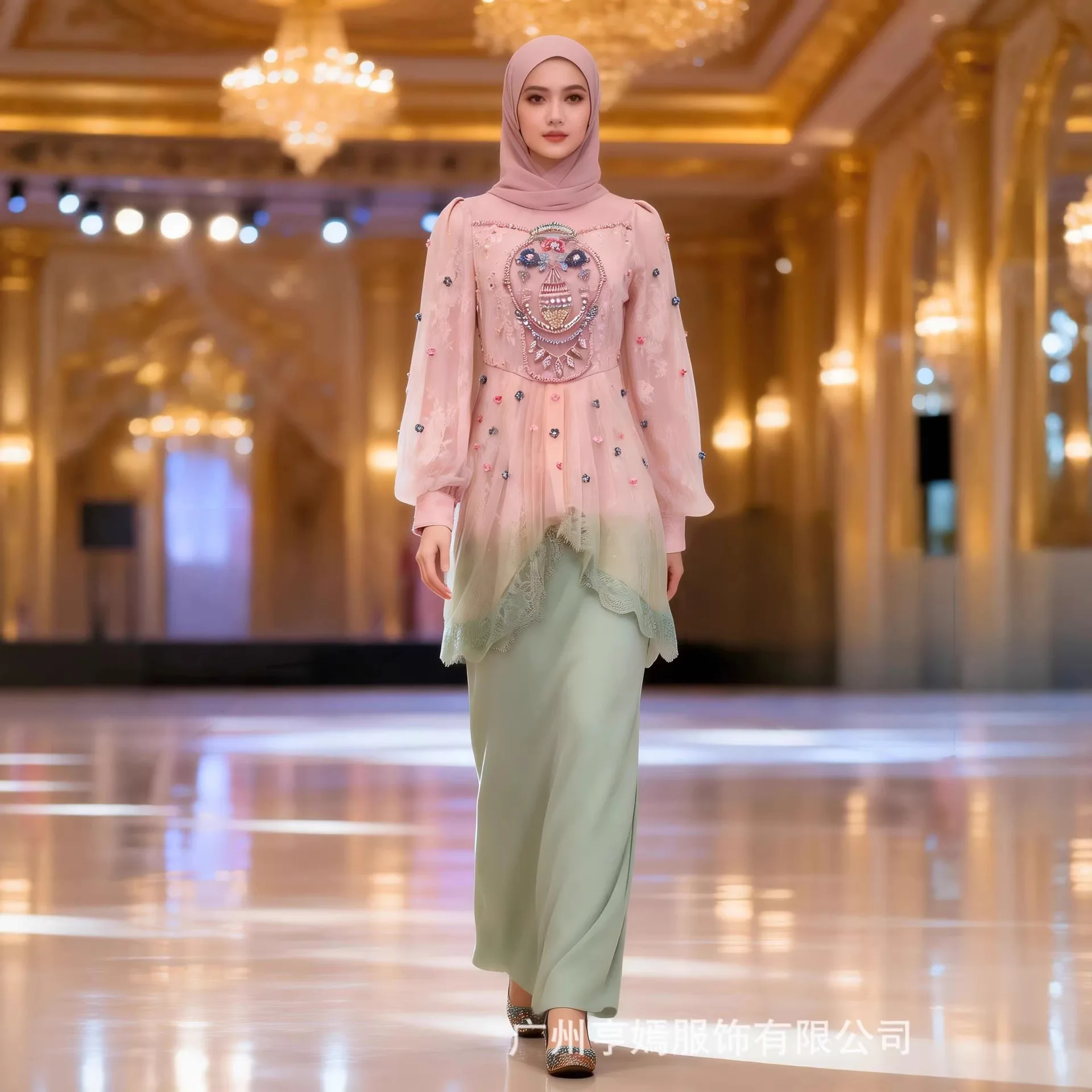 Skirt 2 Piece Set Women Lace Top Blouse Long Skirts Suit Gradient Ramadan Morocco Dubai Ensemble Muslim Arabic Party Outfits
