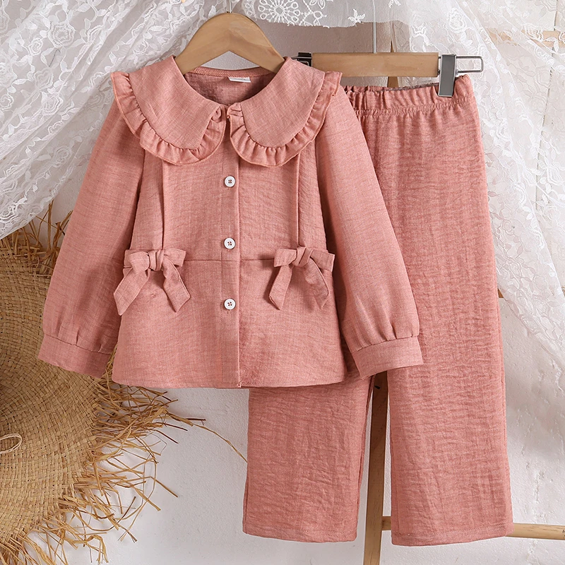 Girls 4-7 Spring Autumn Ruffled Peter Pan Collar Blouse Bow Decor Wide Leg Trousers Two Piece Set Kids Casual Outfit