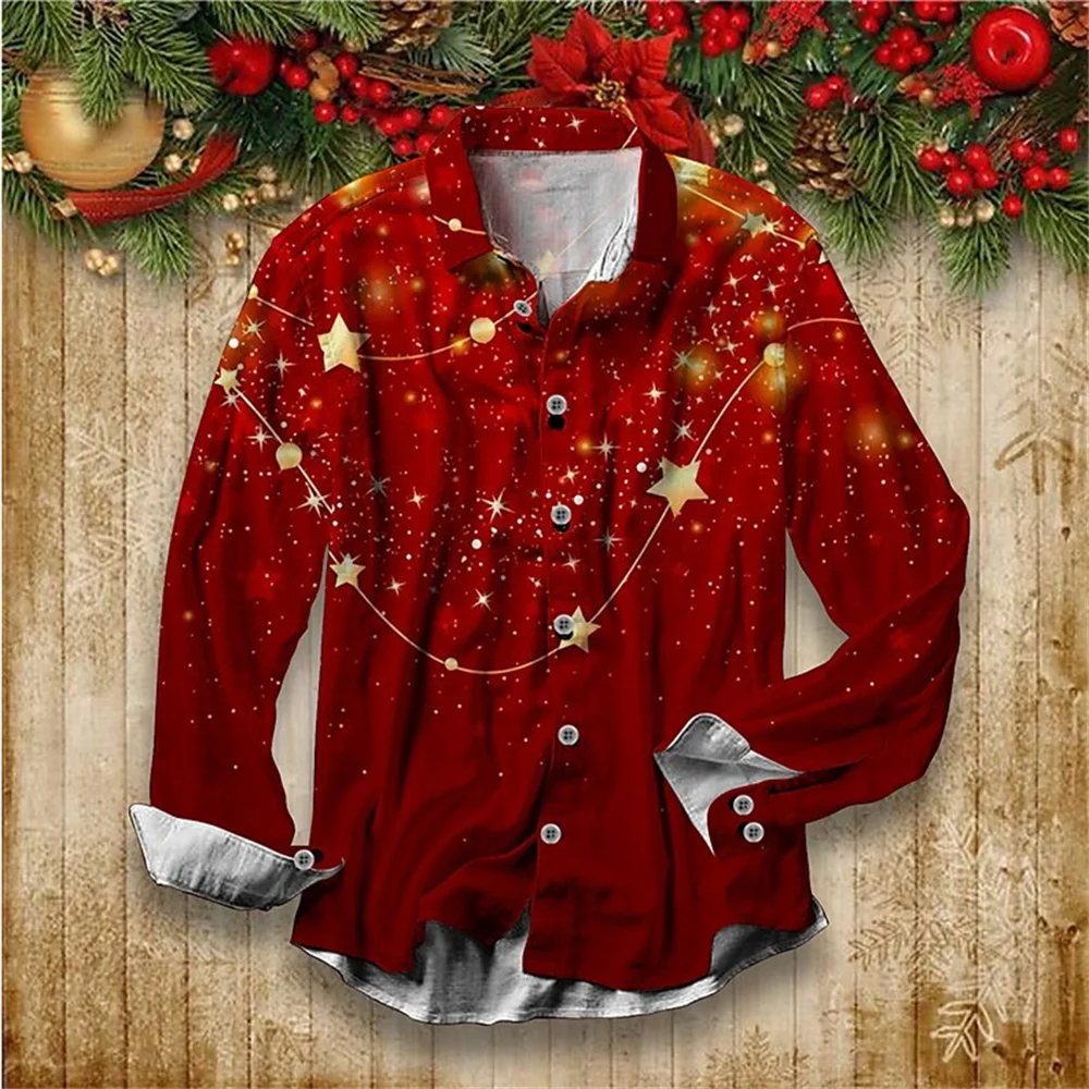 New Source Manufacturer Men\'s Shirt Christmas Style Fashion Long Party Golden Snowflake New Year Christmas Button Shirt XS-6xl