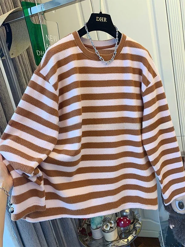 

Extra Large 300 Pou Lazy Sle Anti-Aging Striped Plu Long Sve Loose Casual Women's Winter Knitted Sweater 2025