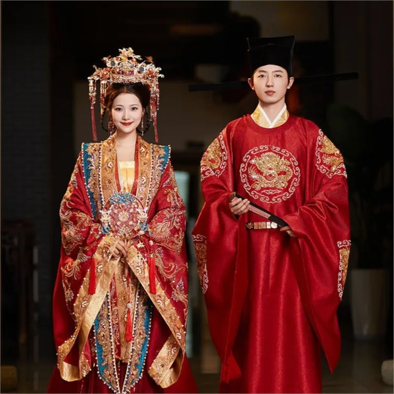 Hanhun Heavy Industry Antikes chinesisches Hochzeitskleid Phoenix Crown und roter Umhang Paar Set voller Drache