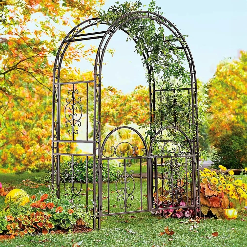

Plow & Hearth Arch Metal Outdoor Garden Arbor Double Gate | Montebello | 7 Feet Tall | Gunmetal Black | Trellis Lattice Climbing