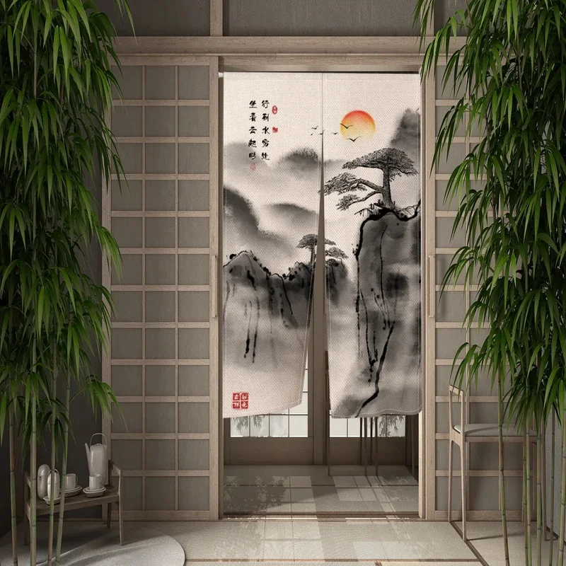 VIKAMA Chinese Ink Landscape Noren Door Curtain Mountain Sunset Pine Tree Calligraphy Print Fabric Room Divider Curtain