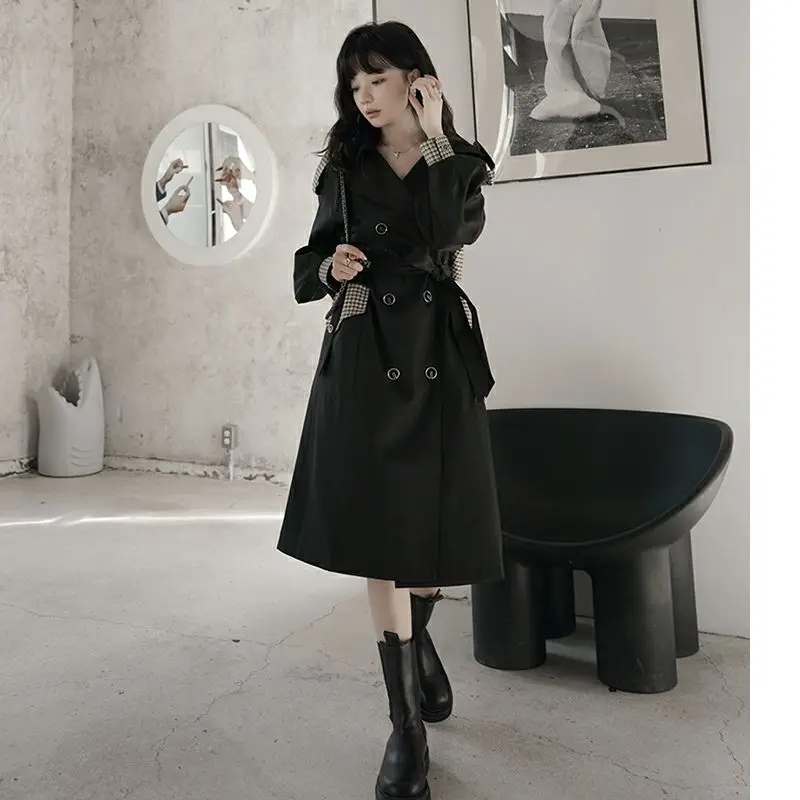 2026 New Plaid Stitching Jacket Korean Hepburn Windbreaker Coat Women's Spring Autumn Temperament Outwear Female Waist Outcoat