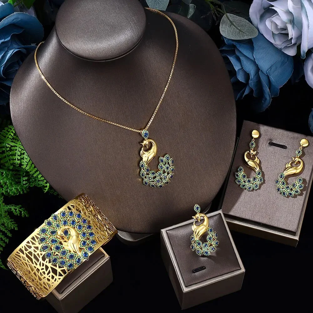 

Gold Plated African Dubai Bridal Wedding Jewelry Sets Luxury Peacocks Necklace Cuff Bracelet 4pcsJewelry Set