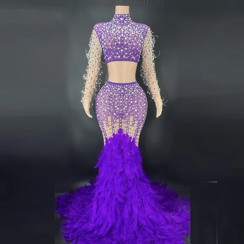 

Birthday Party Two-piece Set Long Luxury Beaded Feather Dress Modern Dance Costume Party Wedding Long Sleeves Robe Cocktail Luxe