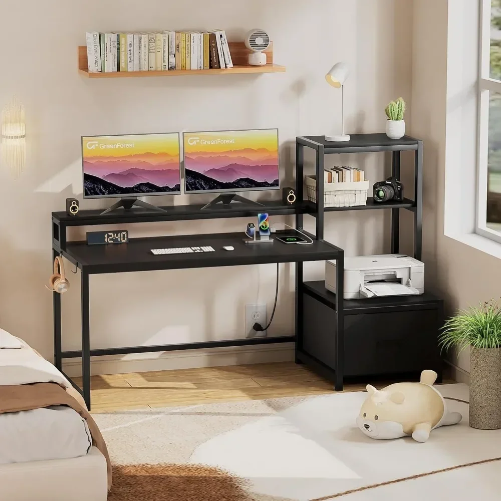 Computer Desk With Drawer and Printer Shelf Reversible 59 Inch Gaming Desk With LED Lights and Power Outlets Freight free