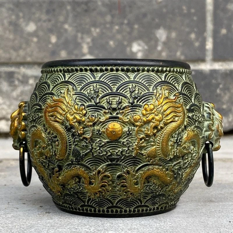 Antique Two Dragons Playing Pearl Pot Relief Lion Head Handle Fortune Jar Feng Shui Ornament Incense Censer Decor Statue