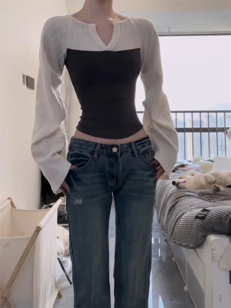 

Ретро-джинсы американского стиля с вышивкой и рваными краями, с низкой посадкой, расклешенные, женские, весенние, утягивающие, длинные, в пол