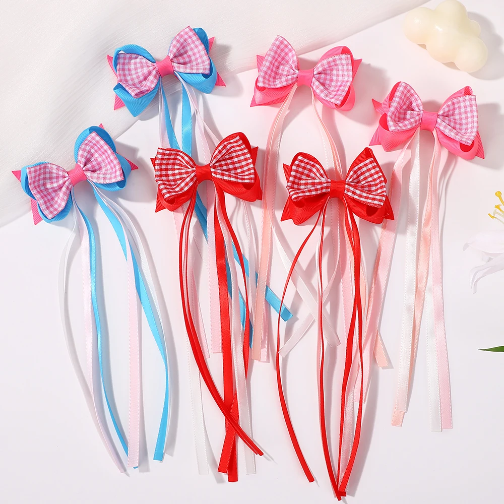 

RIBBON BOWS 2Pcs Double Layered Spliced Checkered Bow Hair Accessory Hair Clip Elegant Long Fringe Women's Ponytail Hairgripes
