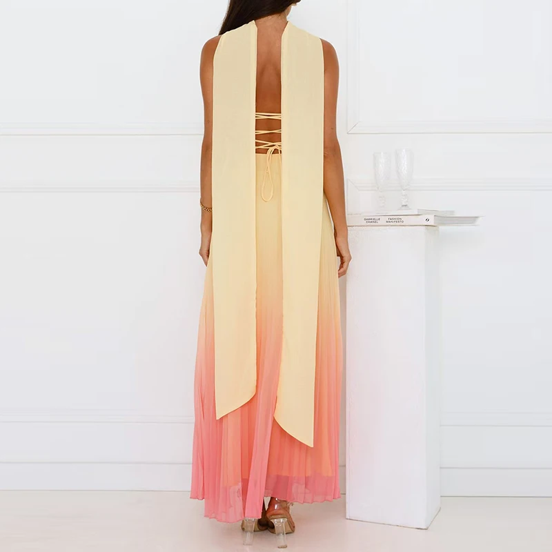 Leisure High Waist Backless Ribbon Evening Dress Sexy Hollow Out Lace Up Maxi Dress Gradient Printed Off Shoulder Party Dresses
