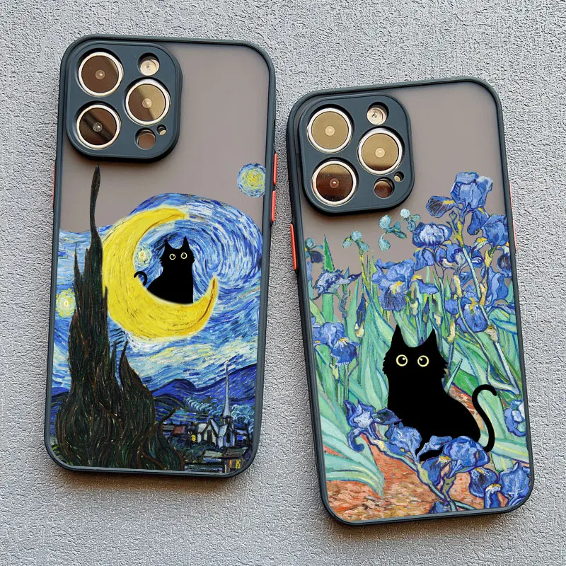 Retro Oil Painting Van-Gogh Cat Phone Case For iPhone 16 15 14 Pro Max Plus 13 12 11 Pro Max Mini 7 8 Plus SE X XS XR back Shell