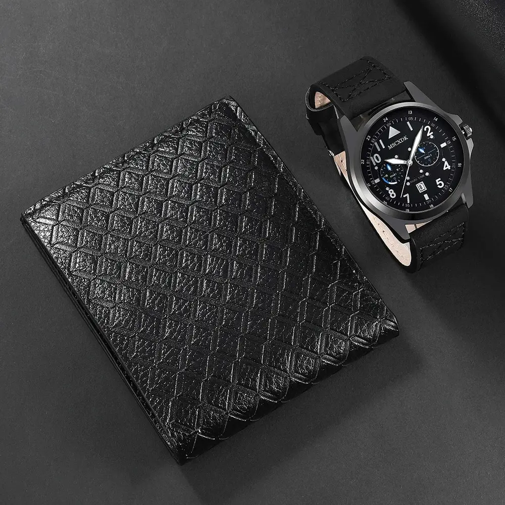 Mens Fashion Watches Business Wallet Set Big Dial Date Quartz Wrist Watch Male Casual Black Leather Watch Reloj Hombre