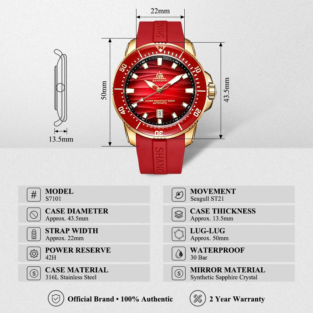 Shanghai Watch Men's Diver Watches 43.6mm 300M Water-Resistant Automatic Watch Sapphire Bezel Luminous Mechanical Watches S7101 - view 6