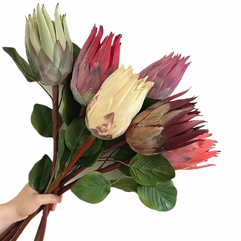 4pcs Silk Protea Cynaroides Flower Branch Flocking Effect Artificia Protea Flower