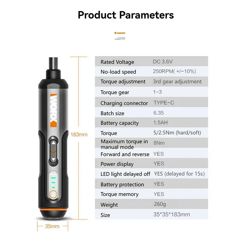 WORX WX240 Cordless Electric Screwdriver with Bit Set Household Rechargeable Screw Driver WX242 Wireless Drill Driver Power Tool