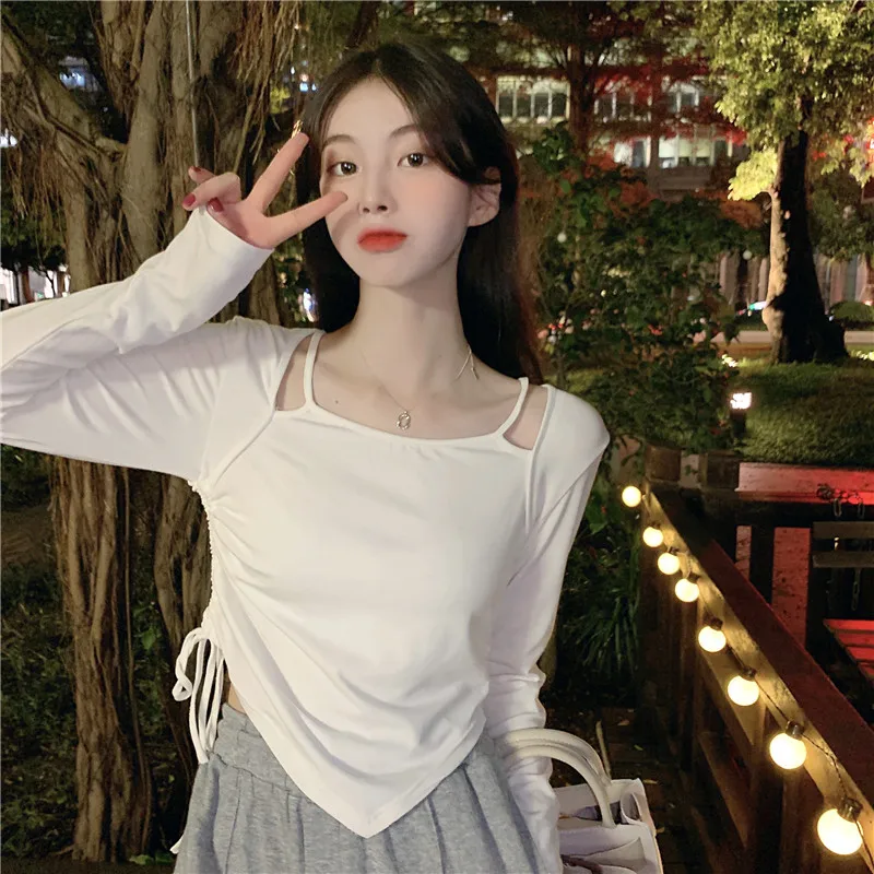 

Base Shirt Autumn/Winter New Sweet And Spicy Girl Slim Fit Irregular Suspender Short Top Girl Long Sleeved T-Shirt
