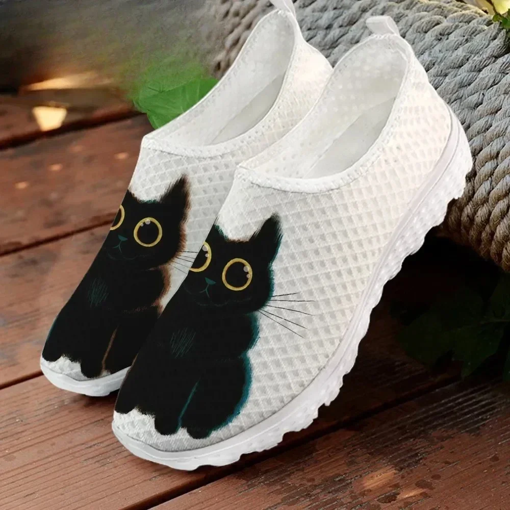 Summer Women Mesh Flat Shoes Comfort Walk Female Slip-on Footwear Black Cat Pattern Breathable Lady Beach Flats