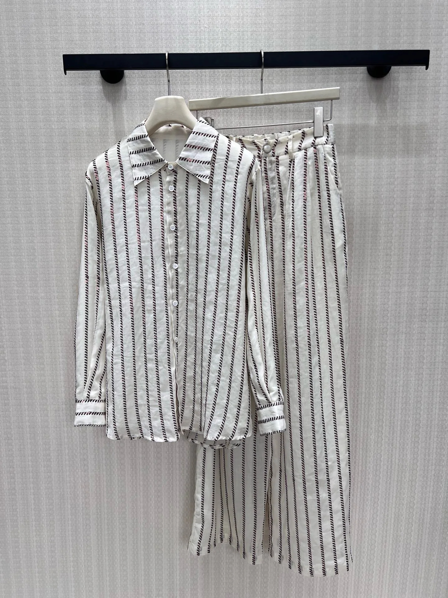 Women Olive Green Sequin Striped 2 Piece Matching Outfit, Point Collar Long Sleeve Button Down Shirt & High Waist Wide Leg Pants