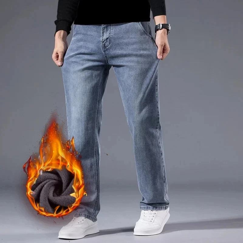 Winter Fleece Männer Jeans Dicke Stretch Business Casual Hosen Klassische Lose Gerade Warme Samt Denim Hosen Büro Täglichen Verschleiß