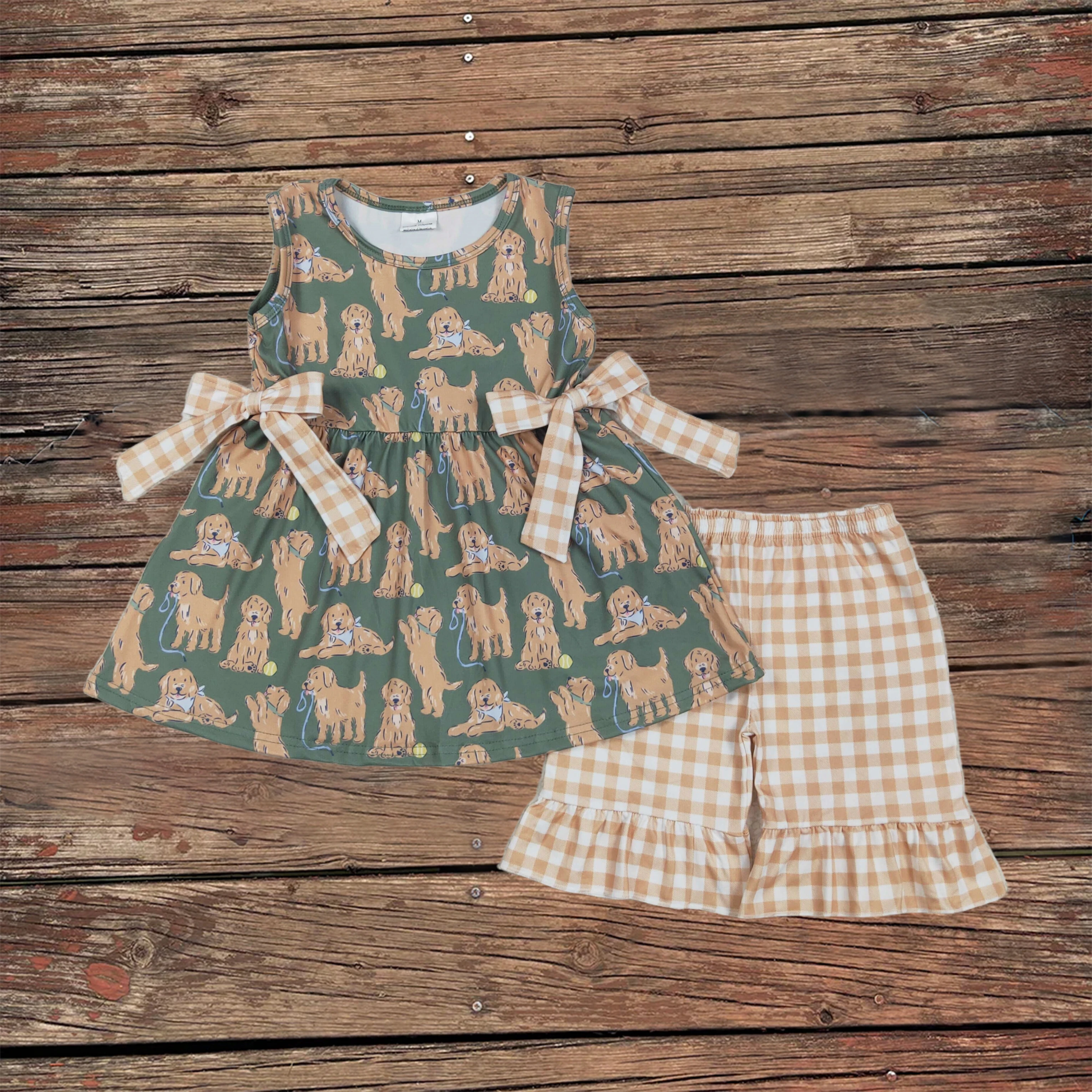 

Wholesale Children Clothes Set Baby Girl Sleeveless Dogs Bows Cotton Tunic Top Kids Khaki Plaid Ruffle Shorts Outfit Clothing