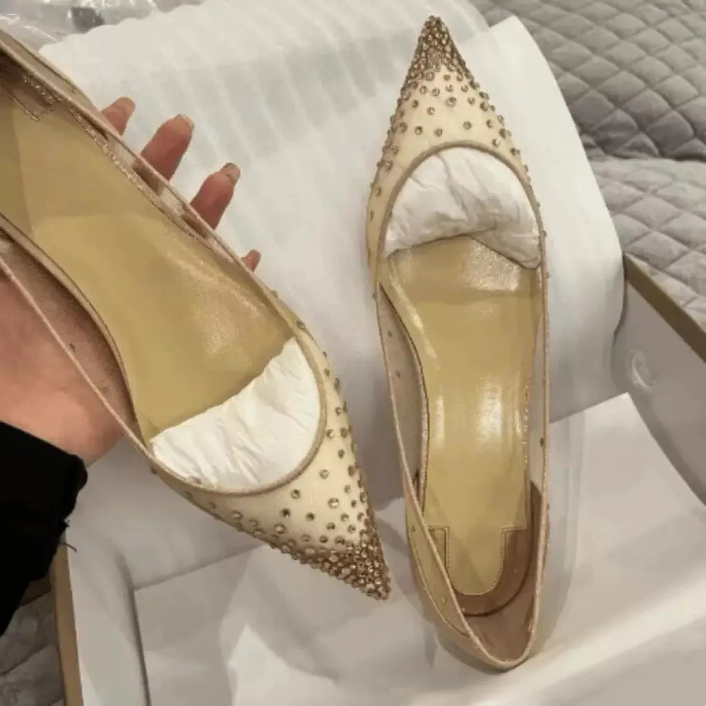 Summer Mesh Crystal Flats Fashion Women Shoes Pointed Toe Outdoor Cover Heel Sandals Zapatos Mujer