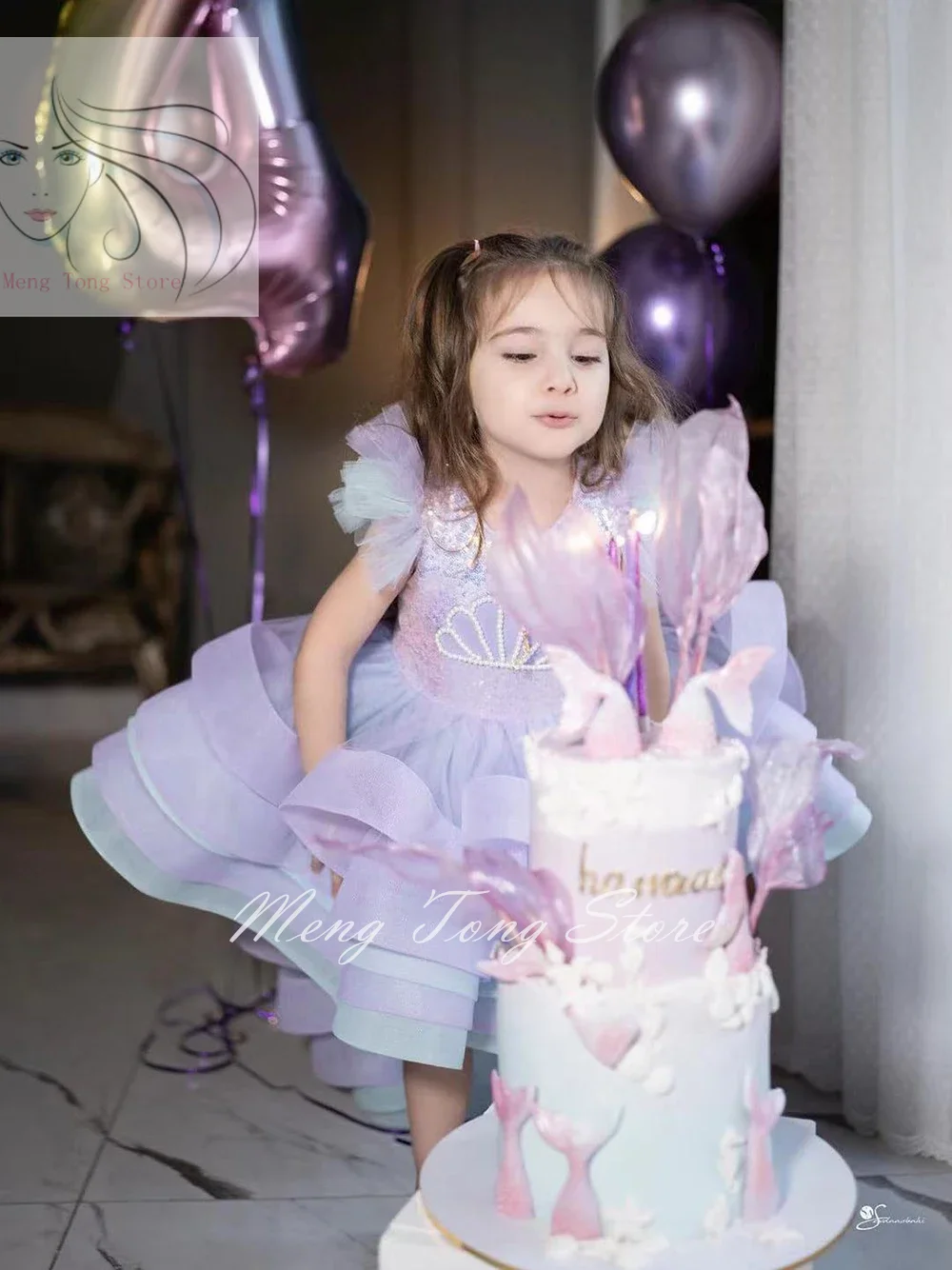 

Blue and Purple Layered Flower Girl Dress For Wedding Pearls Sequins Ruffles Mermaid Kids Birthday Party First Communion Gowns