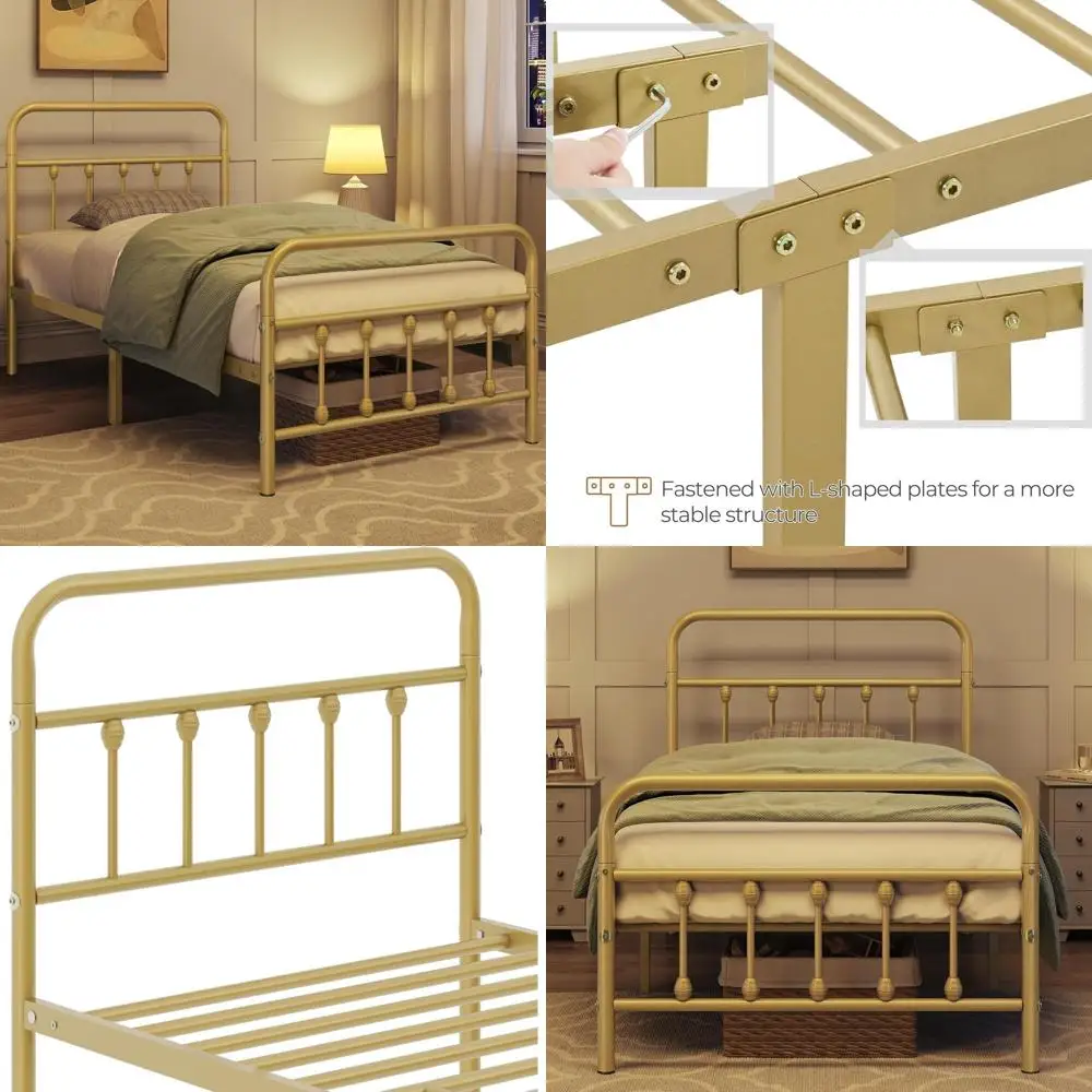 

Twin Size Metal Bed Frame with Slats, No Box Spring, Underbed Storage, Antique Gold Finish