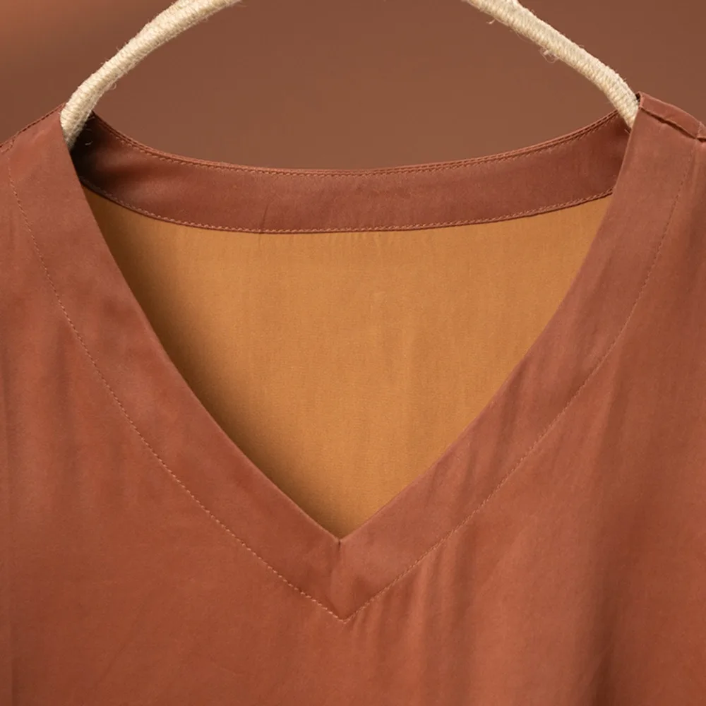 2026 Women's Fashion Spring New 100% Natural Mulberry Silk Red Cloud Yarn Batwing Half Sleeve V-neck Casual T-shirt