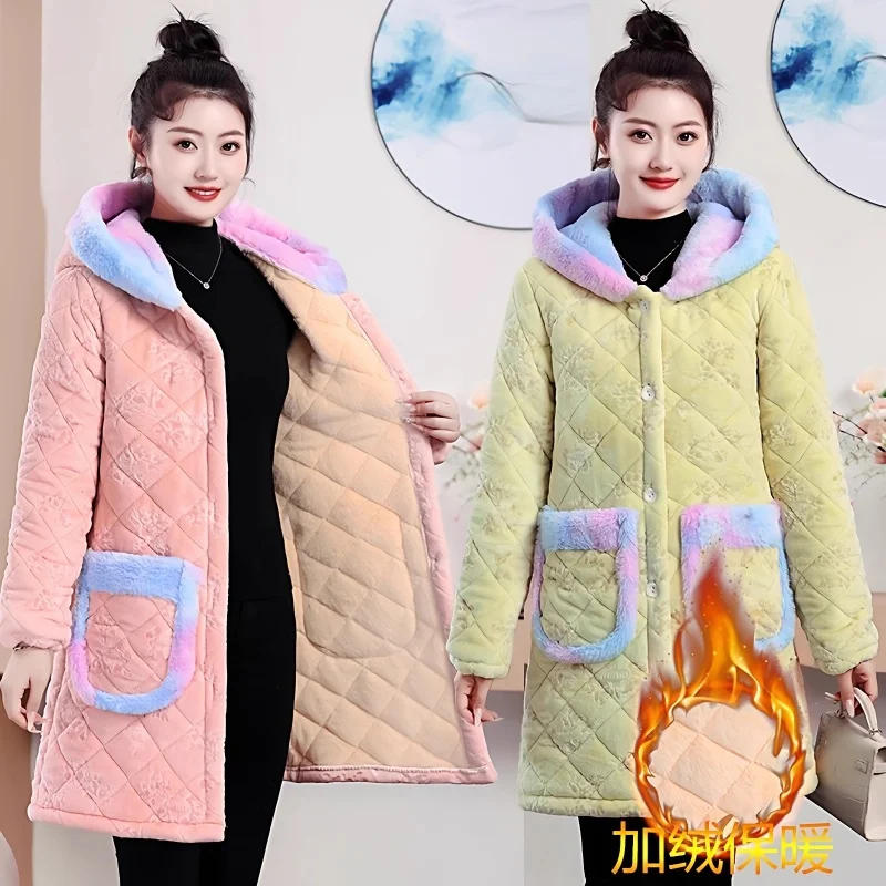 

2025 зимнее плотное хлопковое пальто средней длины с капюшоном, домашняя одежда, женская теплая однобортная флисовая куртка, верхняя одежда w1084