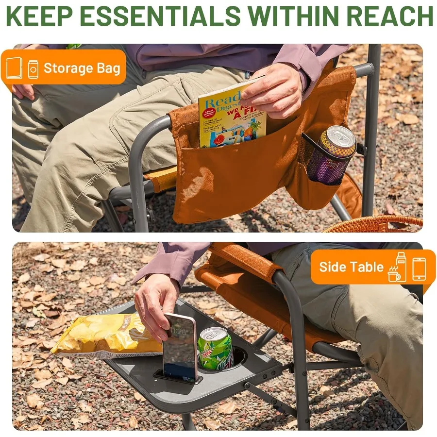 Silla de director XXL con mesa auxiliar Silla plegable resistente con capacidad de 500 lb Asiento acolchado extra ancho para una comodidad mejorada