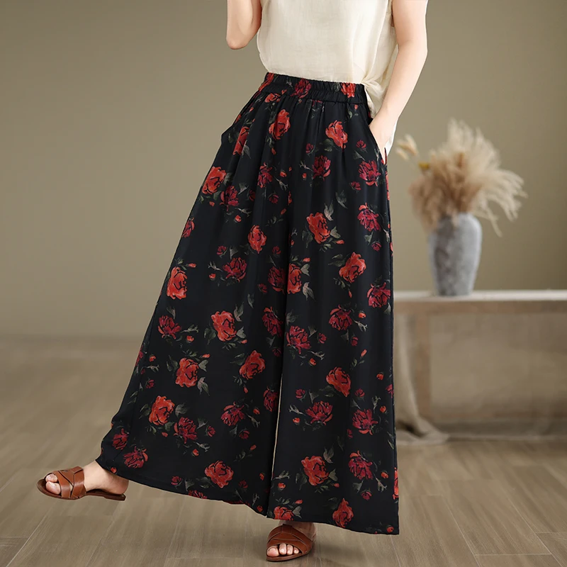 

Autumnal Vintage Loose Wide Leg Pants Floral Silk Linen Print Skirt Wide Swing Hem Lazy Sle Polyester for Pear ape...