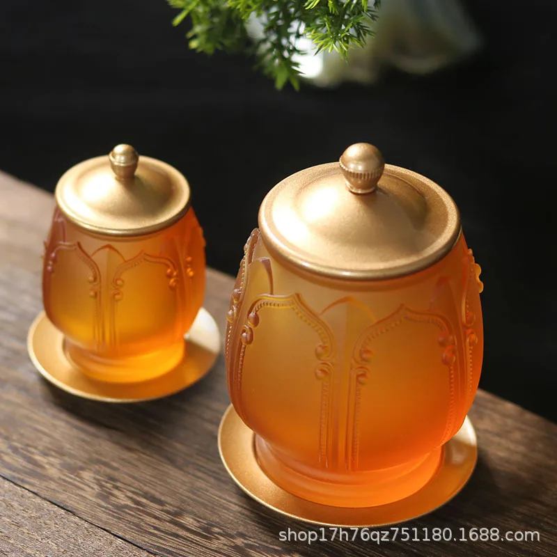 Glass Pure Copper Household Buddha Offering Auspicious Lotus Holy Water Cup Ornament