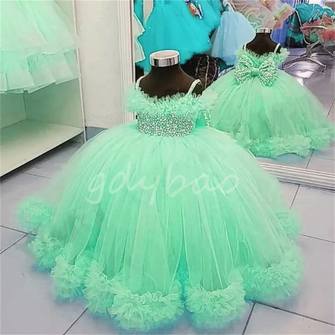 Kleinkind Blumenmädchenkleider Tüll Perlen Schleife Kind Hochzeit Party Geburtstag Lange Robe Erstkommunion Kleid für Babys