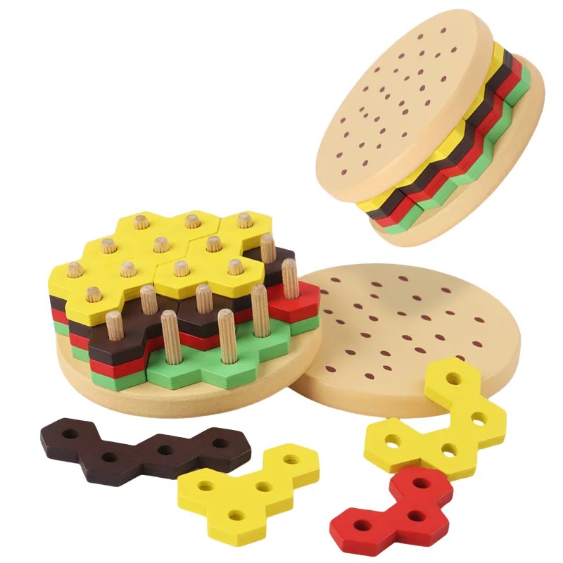 Montessori Wooden Toys Building Blocks For Kids Stacking Toys Burger Shape Puzzle Color Cognition Toy Fine Motor Toys For Todder