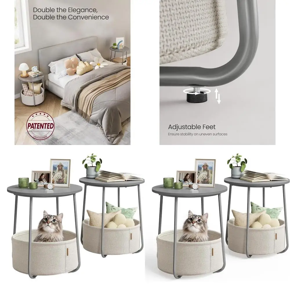 

Pair of Compact Round Nightstands with Fabric Drawers, Gray and Cream, for Bedroom Accents