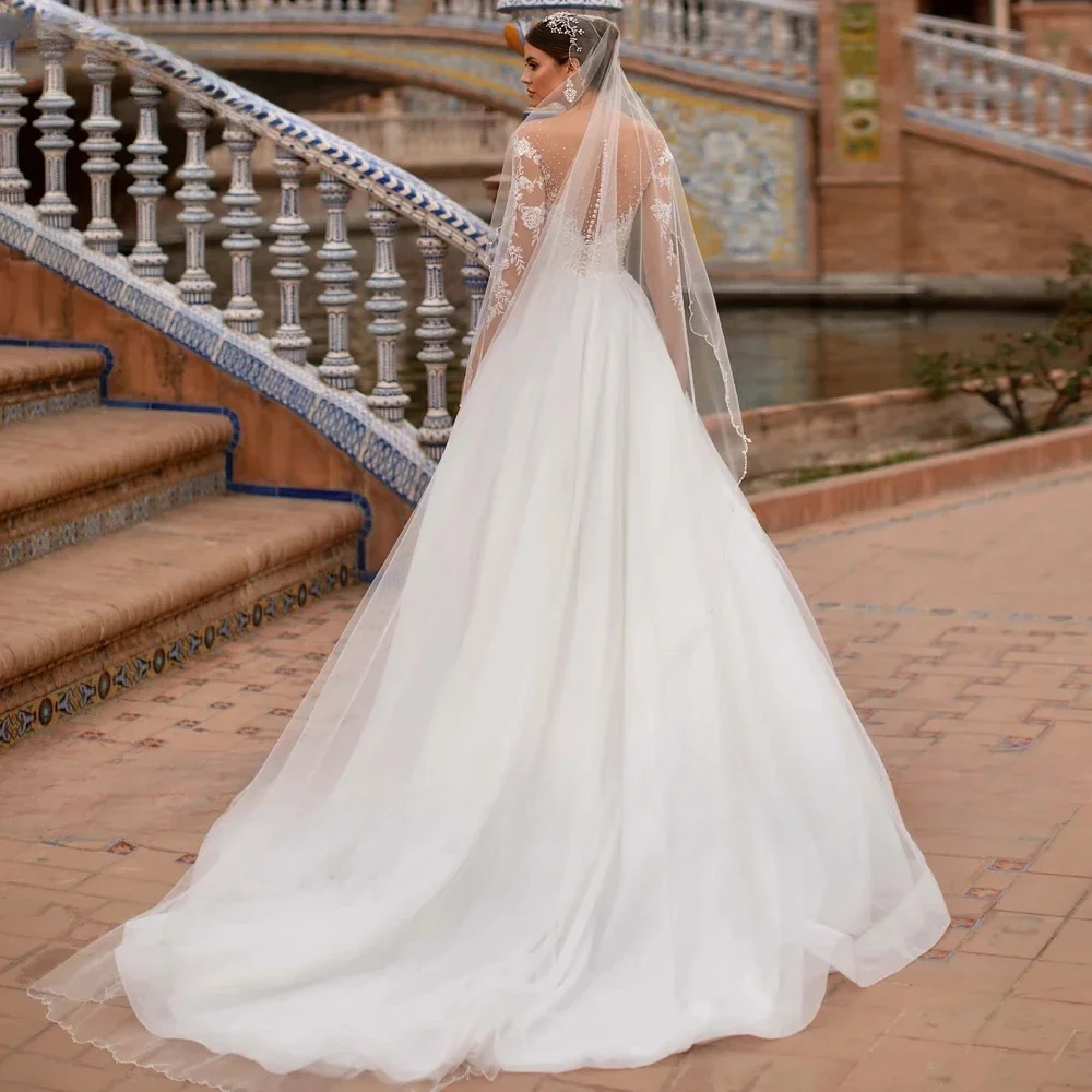 تخصيص أشلي كارول الكرة ثوب الزفاف الديكور مغرفة يزين العروس كم طويل ثوب زفاف الدانتيل Vestidos De Noiva