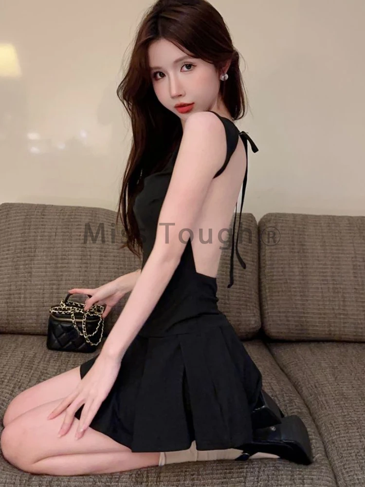 Pure Desire Sweet Sleeveless Halter Dress Female Summer Solid Round Buttock Clothing Women Beautiful Sexy Pleated Black Dress