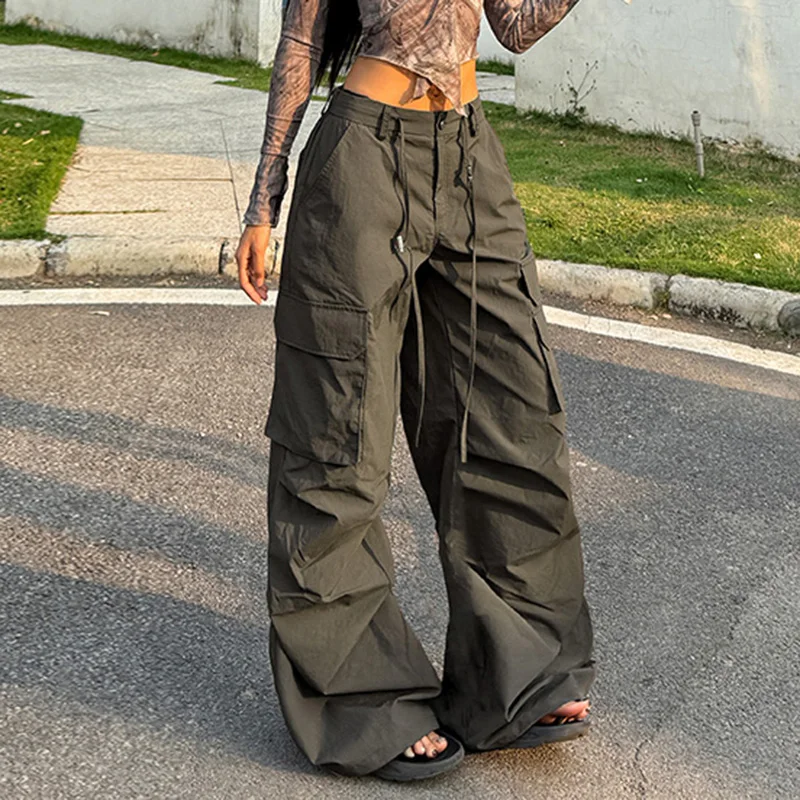 

BIIKPIIK Streetwear Pockets Cargo Pants For Women Casual Elastic Waist Drawstring Pants All-match Autumn Bottom Clothing Trendy