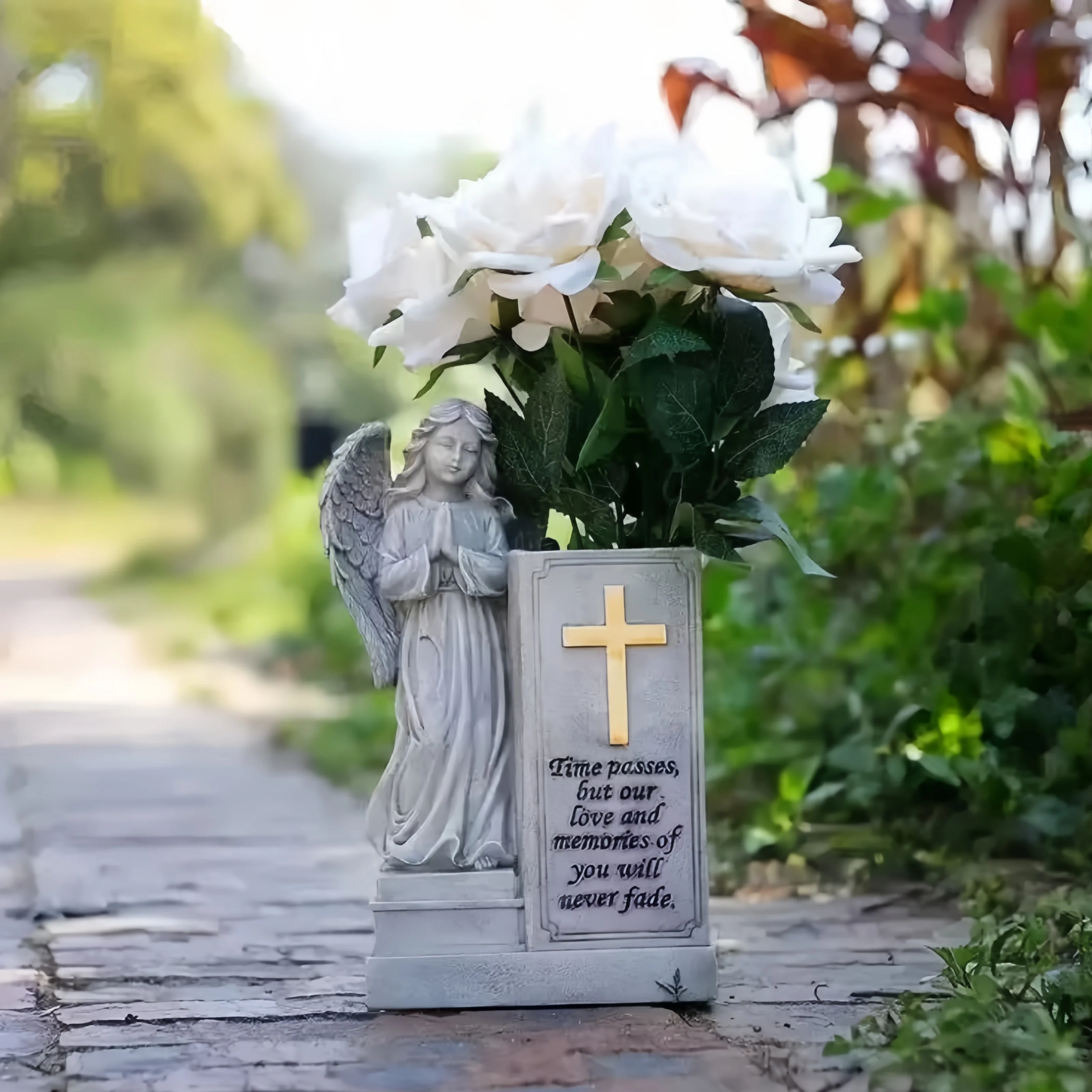 Outdoor Garden Angel Statue, Cemetery Garden Angel Statue, Praying Angel Garden Stake Sculpture, Garden Prayer Angel Book Vase Fluorescent Cross Decorative Floor Ornament, for Pathway Yard Home Decor