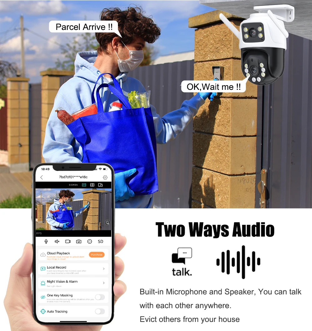 PTZ WiFi Dual Lens Camera com Tela Dupla, AI Human Detect, Auto Tracking, Câmera de Vigilância Sem Fio, iCSee App, 4K, 8MP