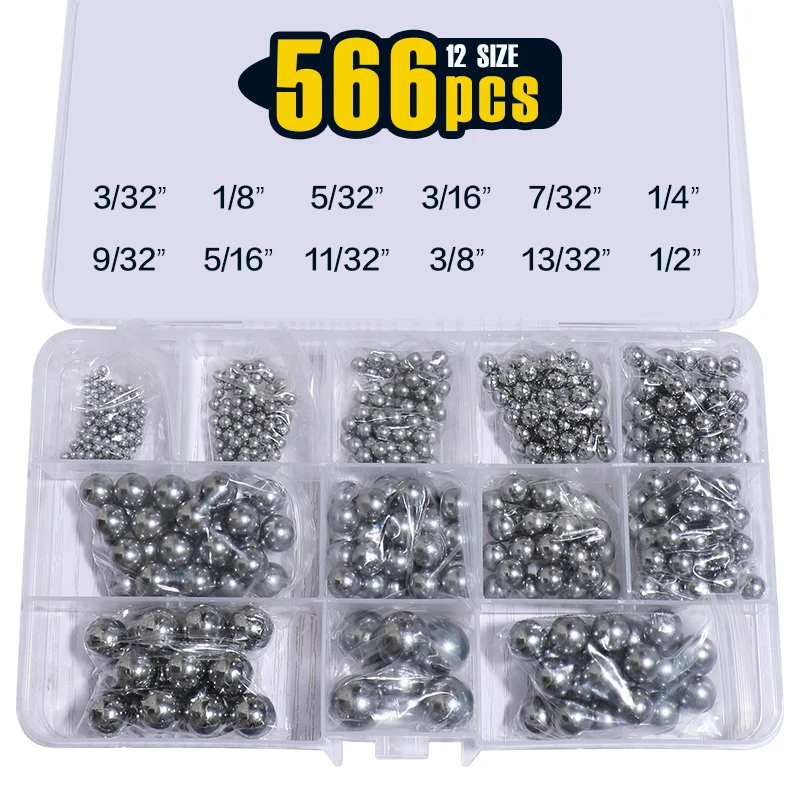 566 Pcs 12 Sizes Precision Carbon Steel Bearing Ball Assortment Kit 3/32 1/8 5/32 3/16 7/32 1/4 9/32 5/16 11/32 3/8 13/32 1/2”