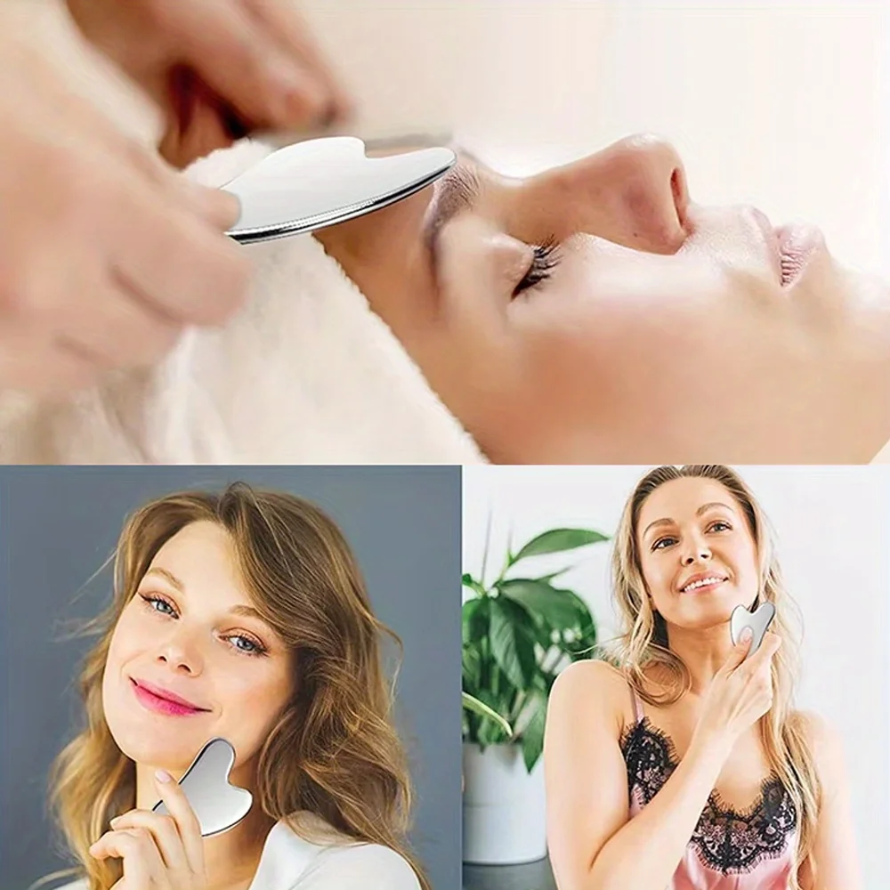 مهدئ وتبريد، جهاز تدليك الوجه غوا شا من الفولاذ المقاوم للصدأ - أداة تبريد العين والوجه لشد الفك والاسترخاء