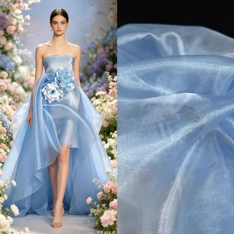 

Shiny Water Light Sheer Fabric Stiff Transparent Organza with Glitter Finish for DIY Wedding Bridal Gowns Designer Projects