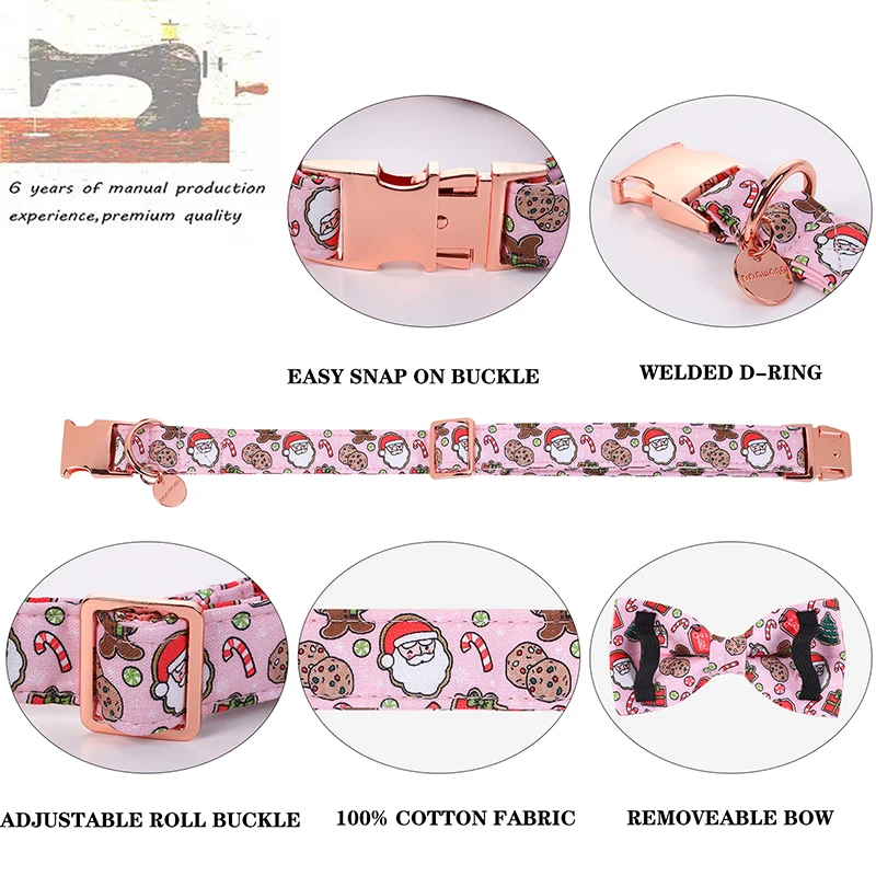 Unique Style Paws Christmas Dog Collar with Bow Pink Santa Claus Dog Collar Cute Puppy Necklace for Large Medium Small Dog