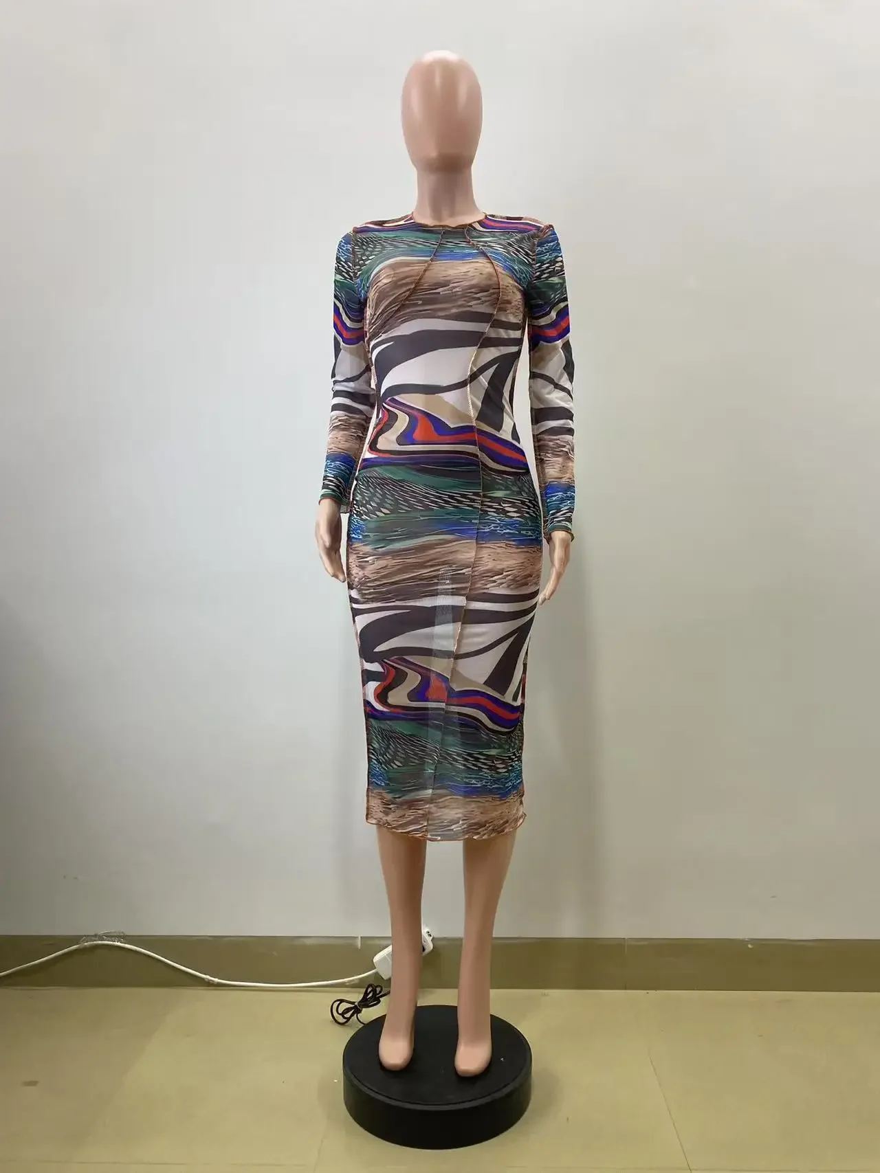 Fashion Geometric Print Slim Sheath Dress Sexy Patchwork Women Midi Dresses for Women Classy