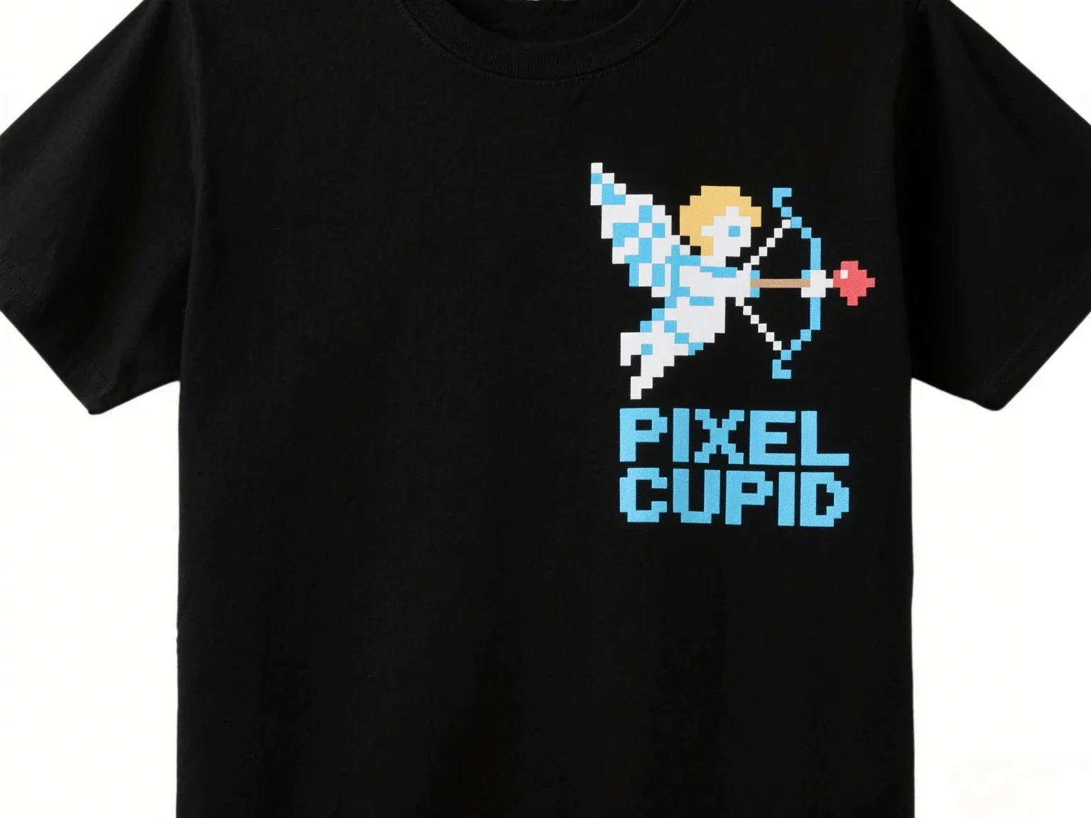 

Pixel Cupid 8-битный пиксельный стиль Квадратные пиксельные крылья Bow Launch Pixel Heart Pixel Block Шрифт Пилообразный край Черно-белые футболки