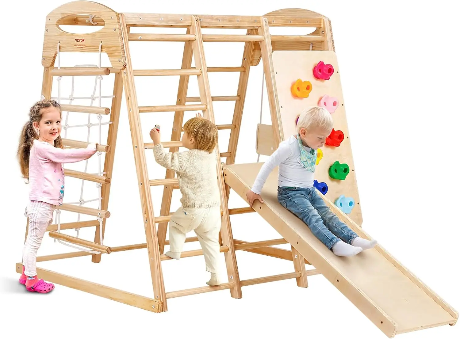 Medium Size Indoor Playground Jungle Gym, 7-in-1 Toddlers Climber with Wood & Rope Ladder, Net Ladder, Swing, Monkey Bar,