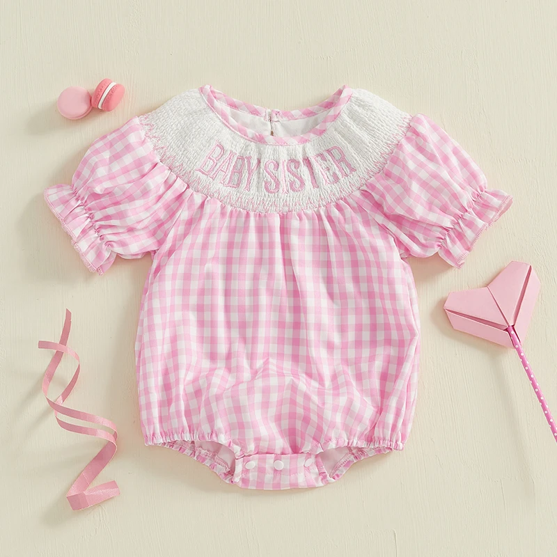 Baby Sister Big Sister Matching Outfits Puff Short Sleeve Letters Embroidery Plaid Smocked Bubble Romper Summer Clothes